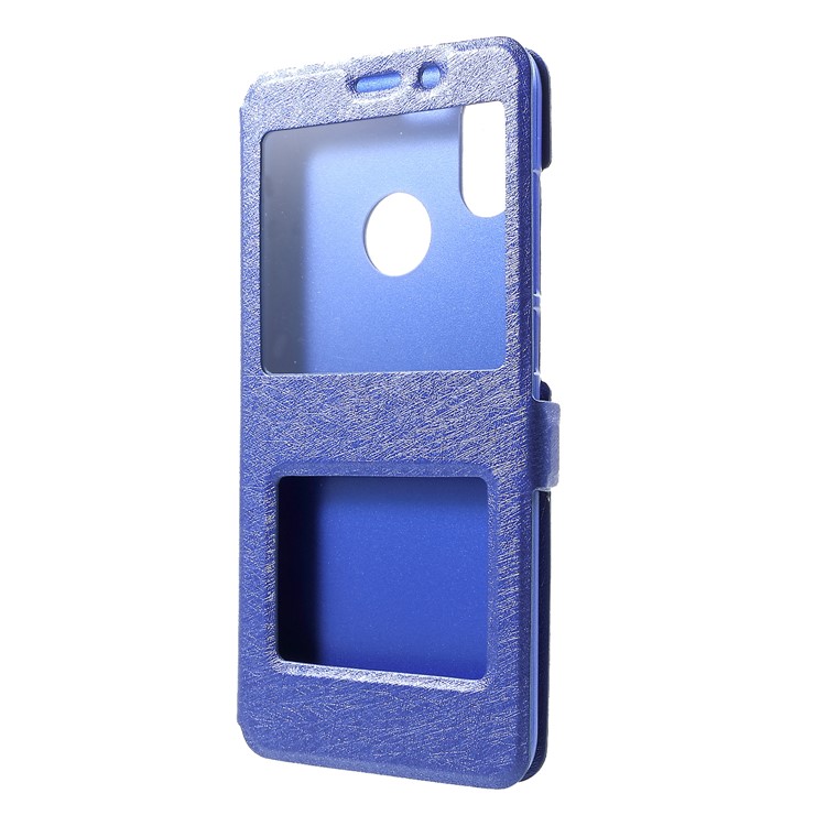 Silk Texture Dual View Window Leather Cellphone Cover for Xiaomi Mi 8 (6.21-inch) - Blue-3