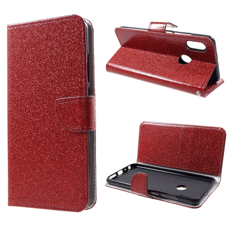 Glittery Powder Wallet Stand Leather Phone Case for Xiaomi Redmi Note 5 Pro (Dual Camera) / Redmi Note 5 (China) - Red-1