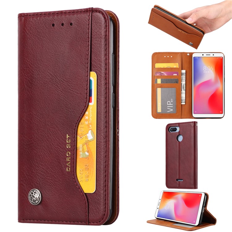 Auto-absorbed PU Leather Stand Wallet Cell Phone Case for Xiaomi Redmi 6 / Redmi 6A - Wine Red-1