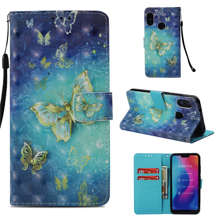 Light Spot Decor Pattern Printing Wallet Stand Leather Cell Phone Case for Xiaomi Mi A2 Lite / Redmi 6 Pro - Butterflies-1