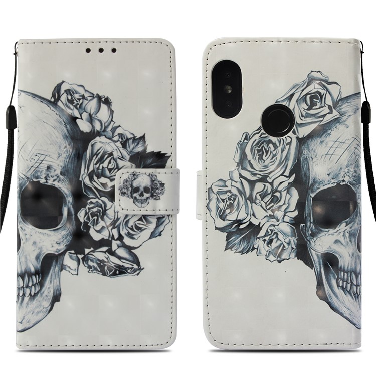 Light Spot Decor Pattern Printing Wallet Stand Leather Cell Phone Shell for Xiaomi Mi A2 Lite / Redmi 6 Pro - Flowered Skull-3