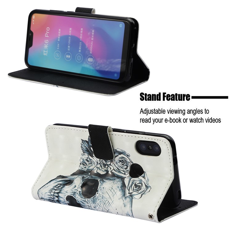Light Spot Decor Pattern Printing Wallet Stand Leather Cell Phone Shell for Xiaomi Mi A2 Lite / Redmi 6 Pro - Flowered Skull-4