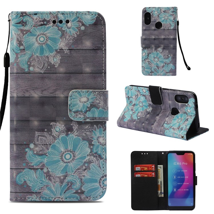 Light Spot Decor Pattern Printing Leather Wallet Mobile Cover for Xiaomi Mi A2 Lite / Redmi 6 Pro - Blue Flower-1