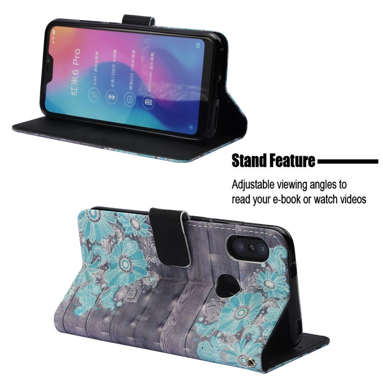 Light Spot Decor Pattern Printing Leather Wallet Mobile Cover for Xiaomi Mi A2 Lite / Redmi 6 Pro - Blue Flower-4