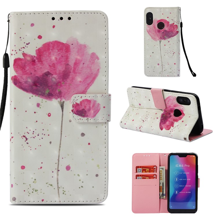 Light Spot Decor Pattern Printing Leather Wallet Mobile Shell for Xiaomi Mi A2 Lite / Redmi 6 Pro - Flower-1