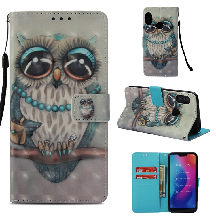Pattern Printing PU Leather Wallet Stand Mobile Phone Shell for Xiaomi Mi A2 Lite / Redmi 6 Pro - Owl Standing on the Branch-1