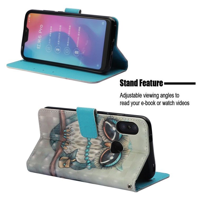 Pattern Printing PU Leather Wallet Stand Mobile Phone Shell for Xiaomi Mi A2 Lite / Redmi 6 Pro - Owl Standing on the Branch-4