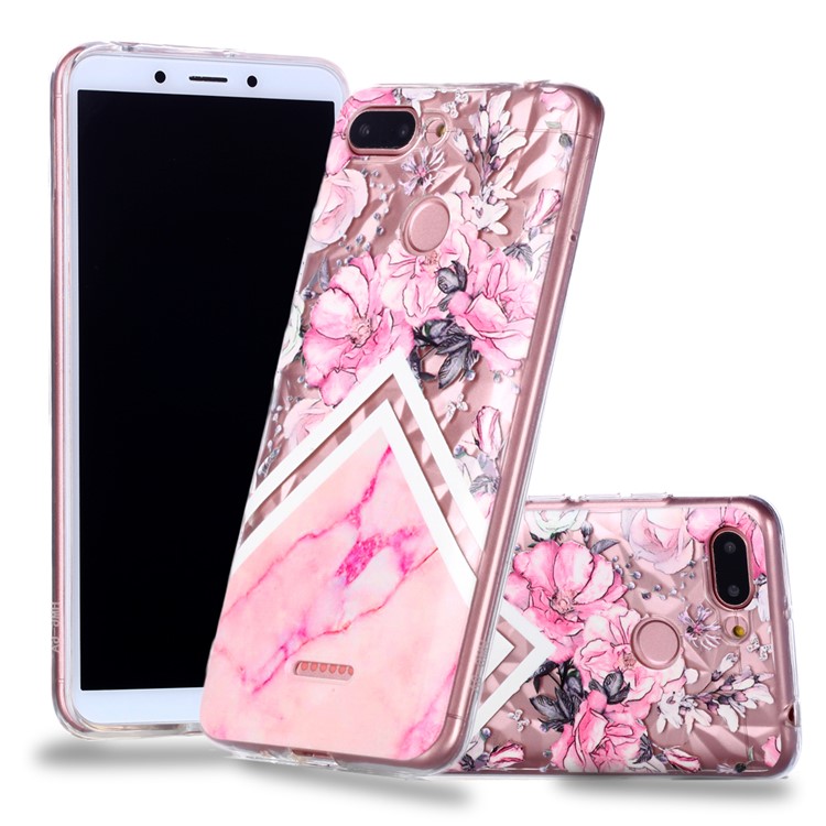 Embossed Pattern 3D Diamond Surface TPU Shell for Xiaomi Redmi 6 (Dual Camera: 12MP+5MP) - Pink Flowers and Marble Pattern-1