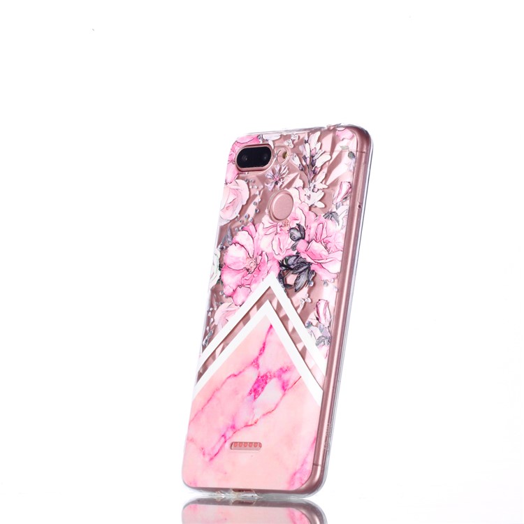Embossed Pattern 3D Diamond Surface TPU Shell for Xiaomi Redmi 6 (Dual Camera: 12MP+5MP) - Pink Flowers and Marble Pattern-3