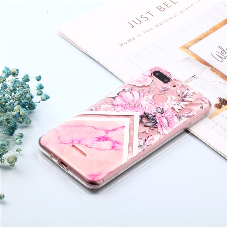 Embossed Pattern 3D Diamond Surface TPU Shell for Xiaomi Redmi 6 (Dual Camera: 12MP+5MP) - Pink Flowers and Marble Pattern-7