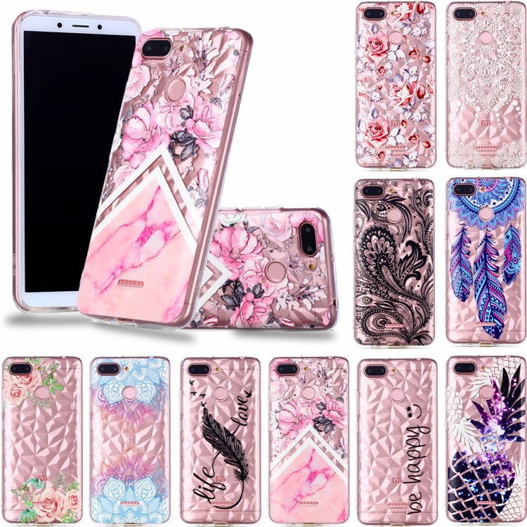 Embossed Pattern 3D Diamond Surface TPU Shell for Xiaomi Redmi 6 (Dual Camera: 12MP+5MP) - Pink Flowers and Marble Pattern-8