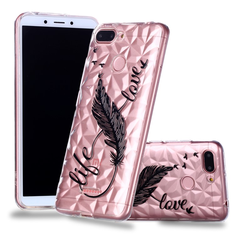 Embossed Pattern 3D Diamond Surface TPU Phone Cover for Xiaomi Redmi 6 (Dual Camera: 12MP+5MP) - Feather Pattern-1