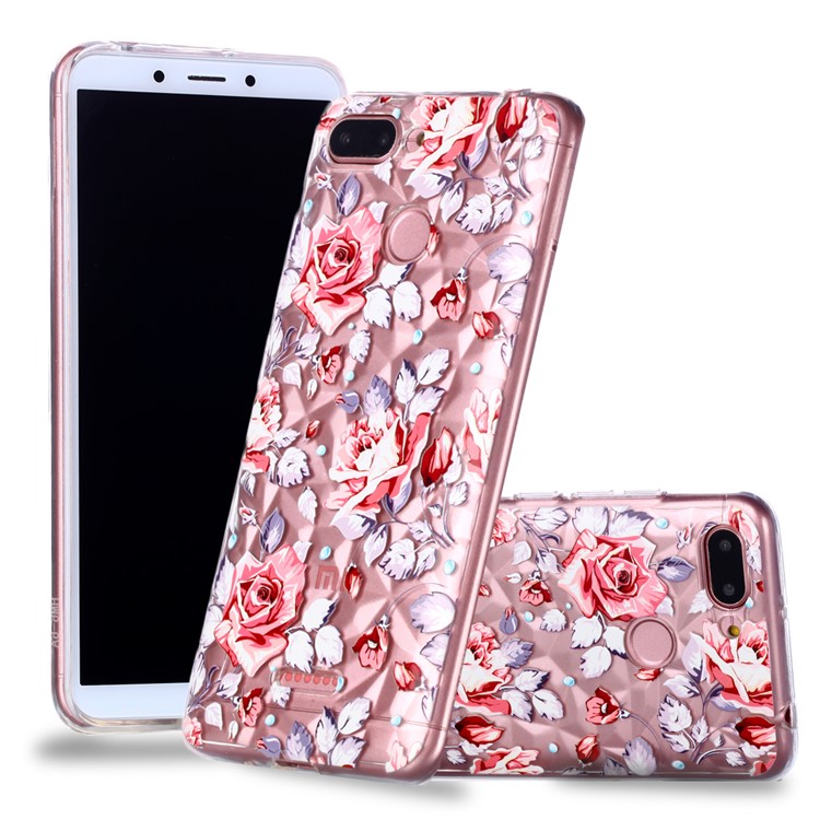 Embossed Pattern 3D Diamond Surface TPU Mobile Shell for Xiaomi Redmi 6 (Dual Camera: 12MP+5MP) - Red Flowers-1