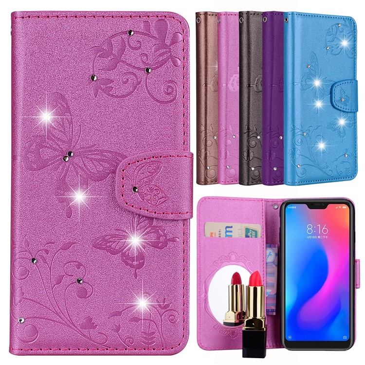 Imprinted Butterfly Flower Pattern Rhinestone Leather Wallet Cover for Xiaomi Mi A2 Lite / Redmi 6 Pro - Rose-1