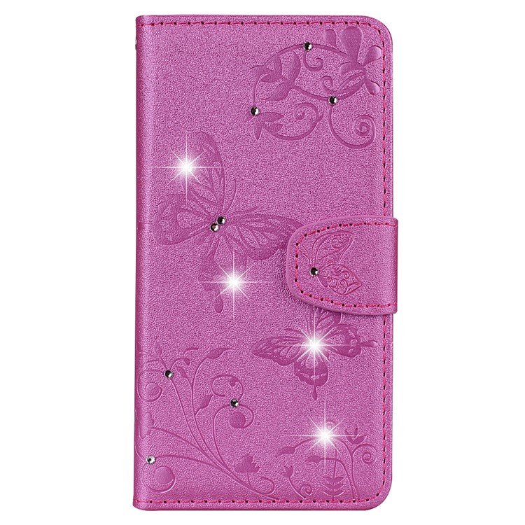 Imprinted Butterfly Flower Pattern Rhinestone Leather Wallet Cover for Xiaomi Mi A2 Lite / Redmi 6 Pro - Rose-2