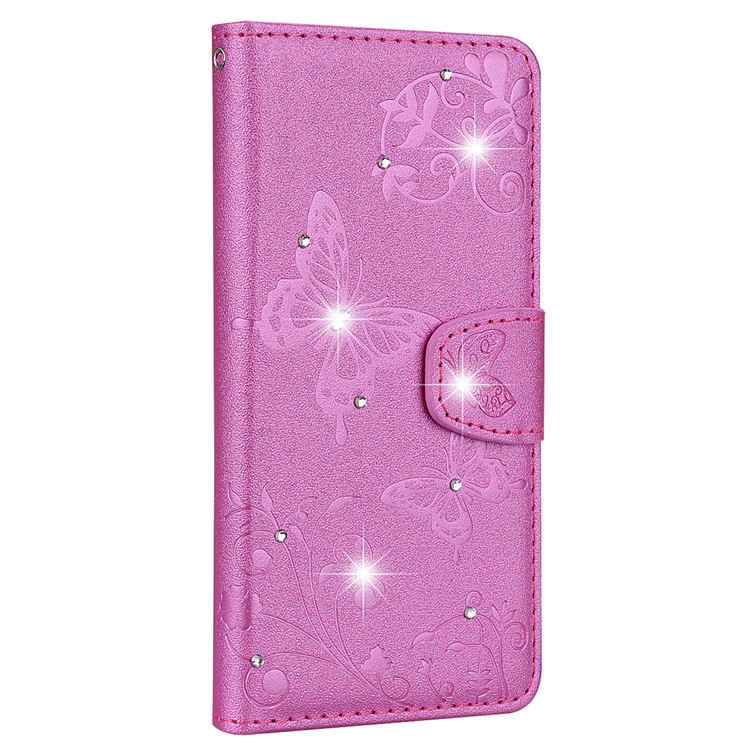 Imprinted Butterfly Flower Pattern Rhinestone Leather Wallet Cover for Xiaomi Mi A2 Lite / Redmi 6 Pro - Rose-3