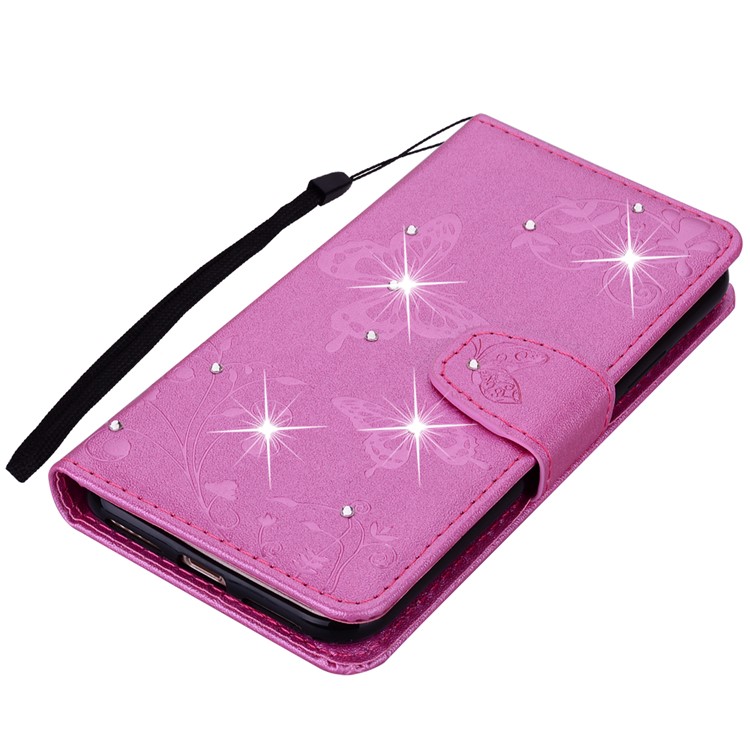 Imprinted Butterfly Flower Pattern Rhinestone Leather Wallet Cover for Xiaomi Mi A2 Lite / Redmi 6 Pro - Rose-4