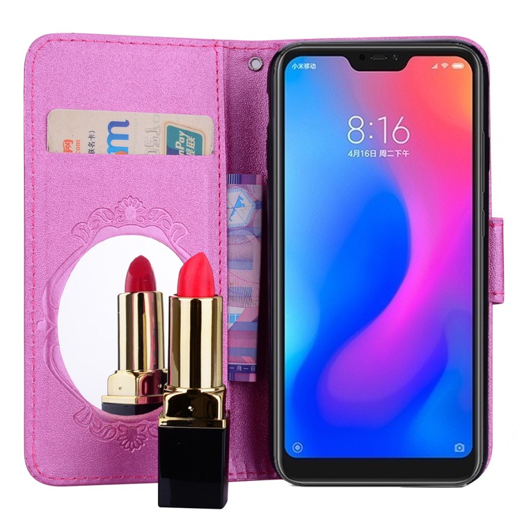 Imprinted Butterfly Flower Pattern Rhinestone Leather Wallet Cover for Xiaomi Mi A2 Lite / Redmi 6 Pro - Rose-7