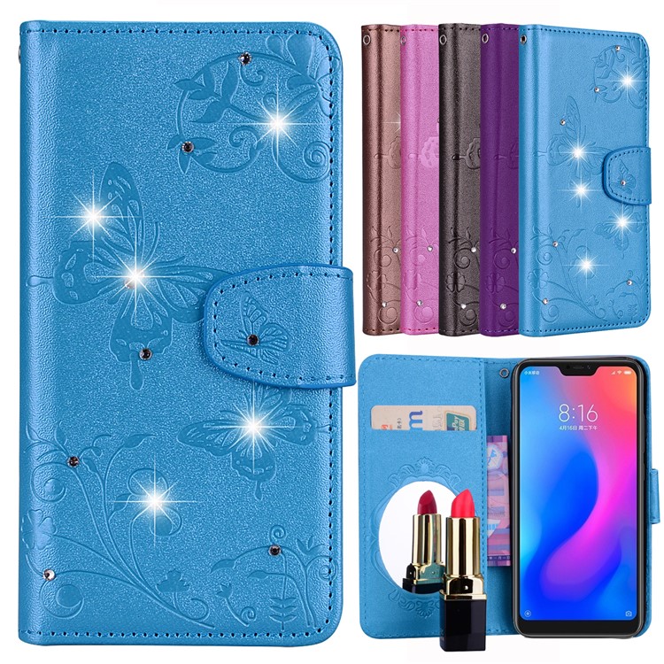 Imprinted Butterfly Flower Pattern Rhinestone Cell Phone Leather Wallet Case for Xiaomi Mi A2 Lite / Redmi 6 Pro - Blue-1