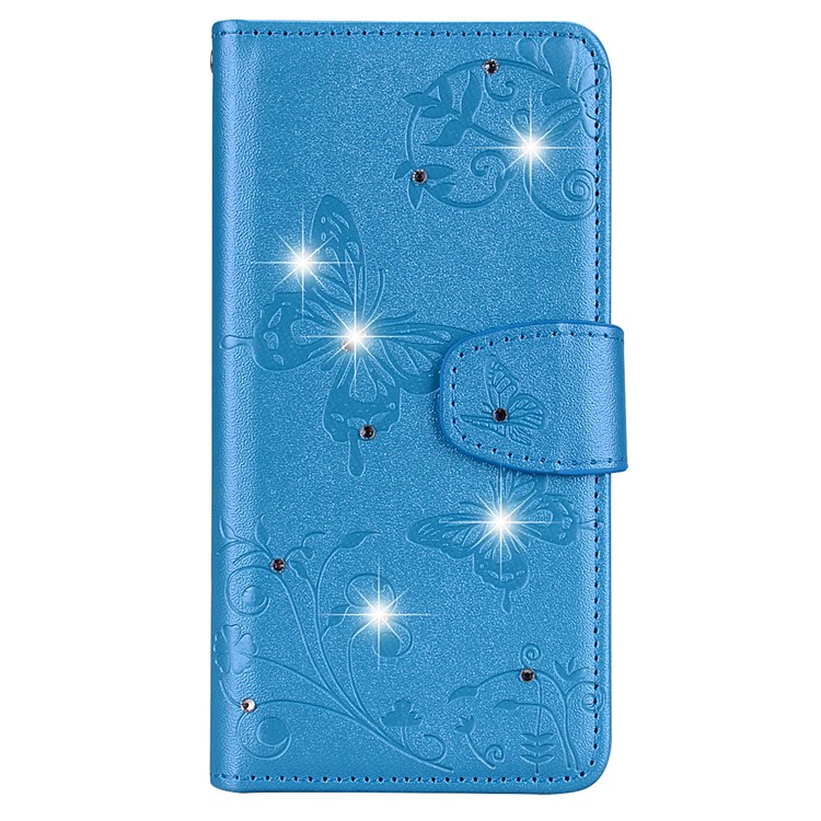 Imprinted Butterfly Flower Pattern Rhinestone Cell Phone Leather Wallet Case for Xiaomi Mi A2 Lite / Redmi 6 Pro - Blue-2