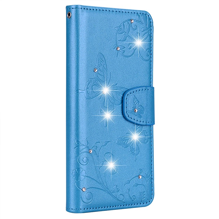 Imprinted Butterfly Flower Pattern Rhinestone Cell Phone Leather Wallet Case for Xiaomi Mi A2 Lite / Redmi 6 Pro - Blue-3
