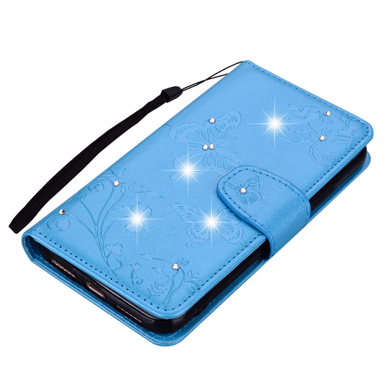 Imprinted Butterfly Flower Pattern Rhinestone Cell Phone Leather Wallet Case for Xiaomi Mi A2 Lite / Redmi 6 Pro - Blue-4