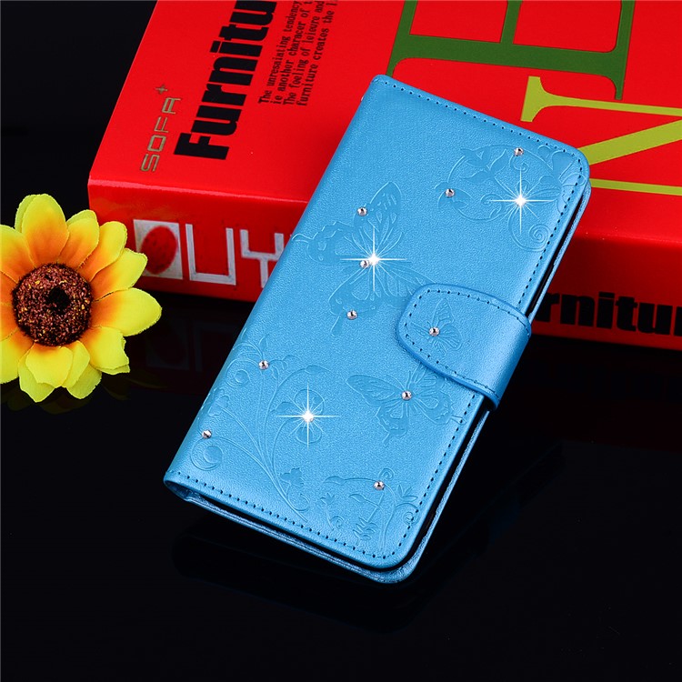 Imprinted Butterfly Flower Pattern Rhinestone Cell Phone Leather Wallet Case for Xiaomi Mi A2 Lite / Redmi 6 Pro - Blue-8
