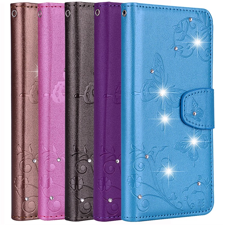 Imprinted Butterfly Flower Pattern Rhinestone Cell Phone Leather Wallet Case for Xiaomi Mi A2 Lite / Redmi 6 Pro - Blue-9