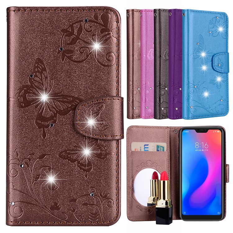 Imprinted Butterfly Flower Pattern Rhinestone Mobile Phone Leather Wallet Case for Xiaomi Mi A2 Lite / Redmi 6 Pro - Brown-1