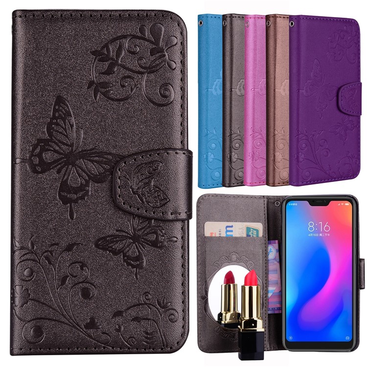 Imprinted Butterfly Flower Pattern Wallet Leather Casing with Mirror for Xiaomi Mi A2 Lite / Redmi 6 Pro - Black-1