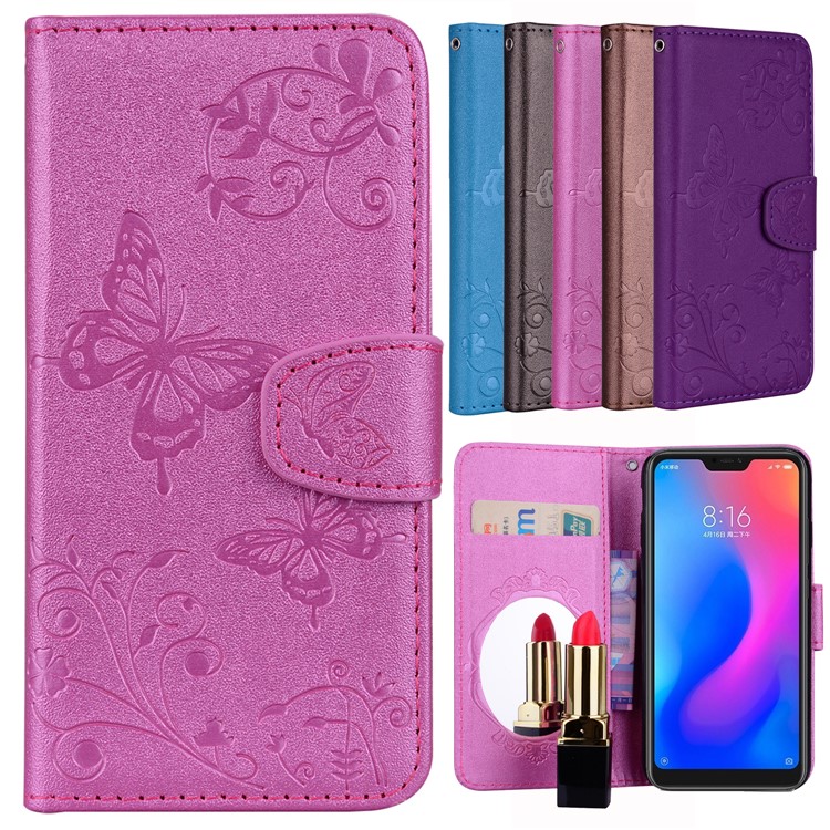 Imprinted Butterfly Flower Pattern Wallet Leather Casing Cover with Mirror for Xiaomi Mi A2 Lite / Redmi 6 Pro - Rose-1