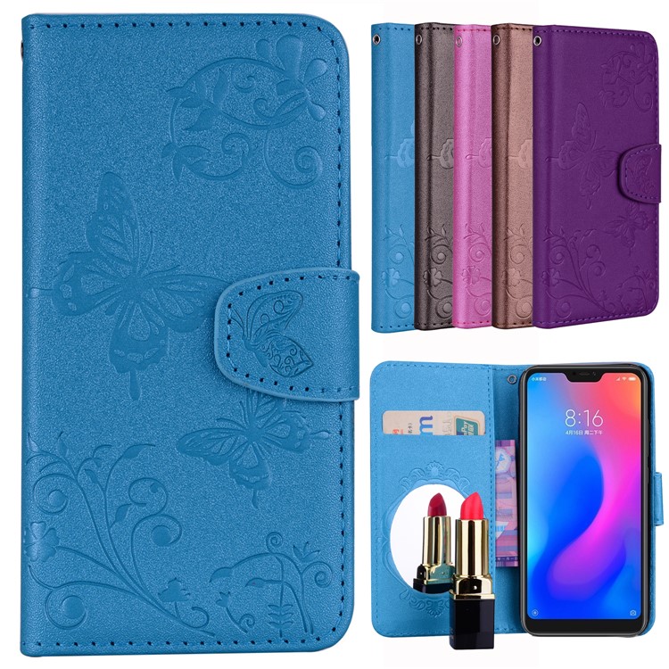Imprinted Butterfly Flower Pattern Wallet Leather Cover with Mirror for Xiaomi Mi A2 Lite / Redmi 6 Pro - Blue-1
