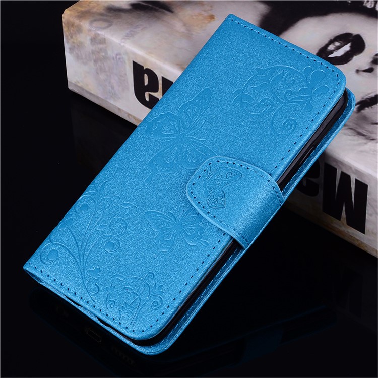 Imprinted Butterfly Flower Pattern Wallet Leather Cover with Mirror for Xiaomi Mi A2 Lite / Redmi 6 Pro - Blue-8