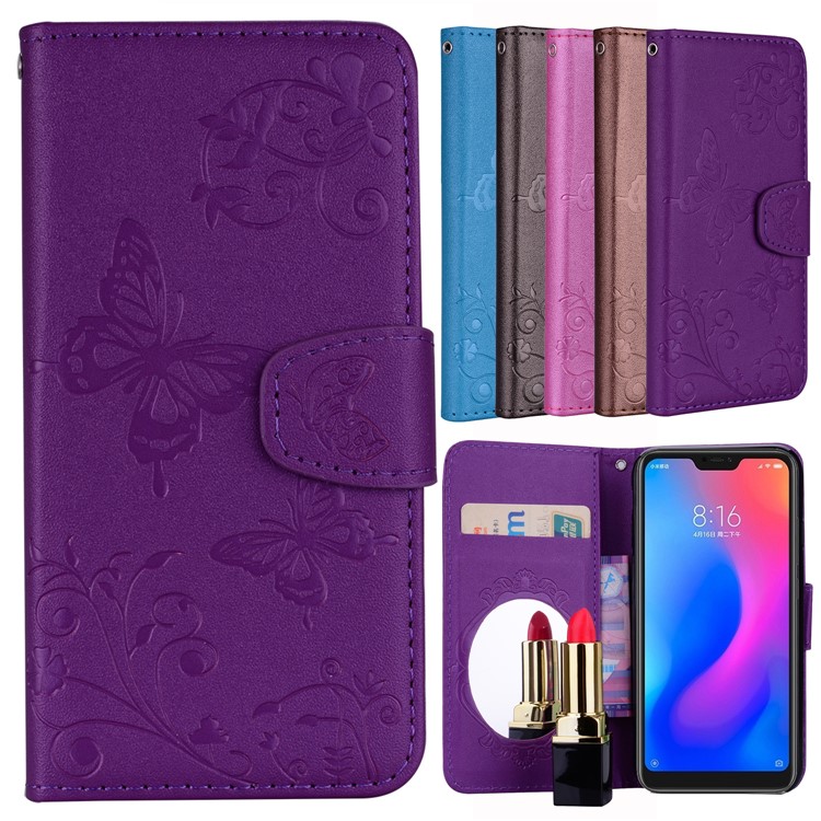 Imprinted Butterfly Flower Pattern Wallet Leather Shell with Mirror for Xiaomi Mi A2 Lite / Redmi 6 Pro - Purple-1