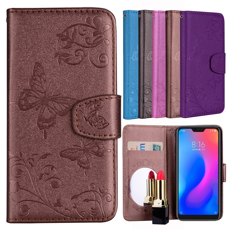 Imprinted Butterfly Flower Pattern Wallet Leather Phone Casing with Mirror for Xiaomi Mi A2 Lite / Redmi 6 Pro - Brown-1