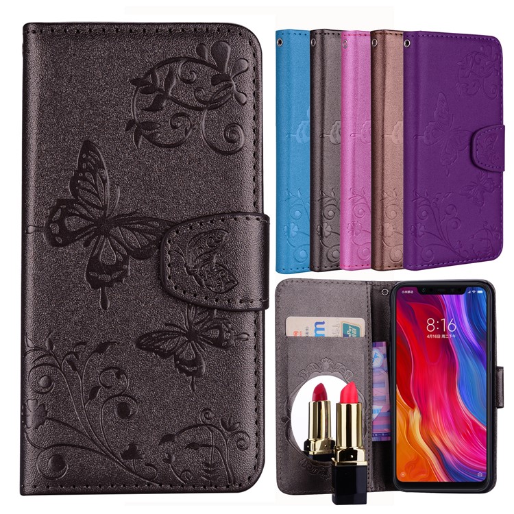 Imprinted Butterfly Flower Pattern Wallet Leather Stand Cover with Mirror for Xiaomi Mi 8 (6.21-inch) - Black-1