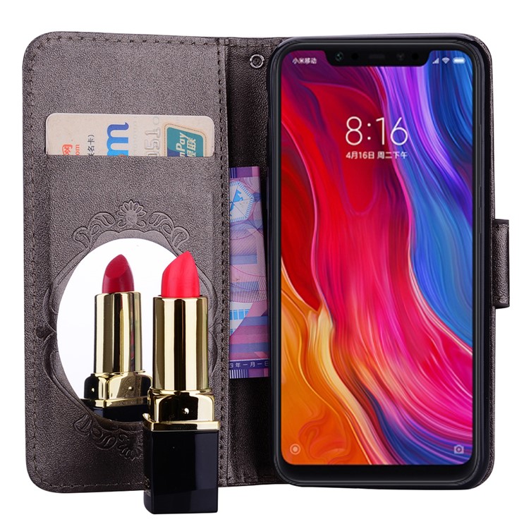Imprinted Butterfly Flower Pattern Wallet Leather Stand Cover with Mirror for Xiaomi Mi 8 (6.21-inch) - Black-7