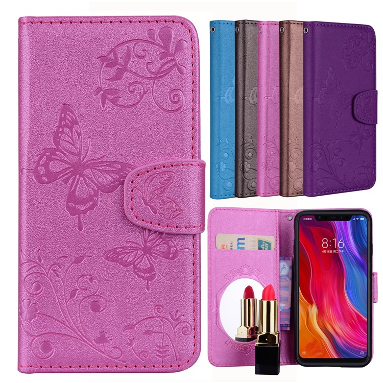 Imprinted Butterfly Flower Pattern Leather Wallet Stand Case with Mirror for Xiaomi Mi 8 (6.21-inch) - Rose-1