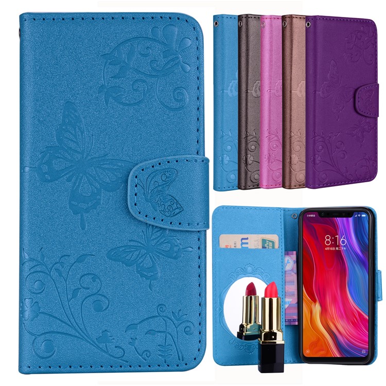 Imprinted Butterfly Flower Pattern Wallet Leather Stand Cover Accessory with Mirror for Xiaomi Mi 8 (6.21-inch) - Blue-1