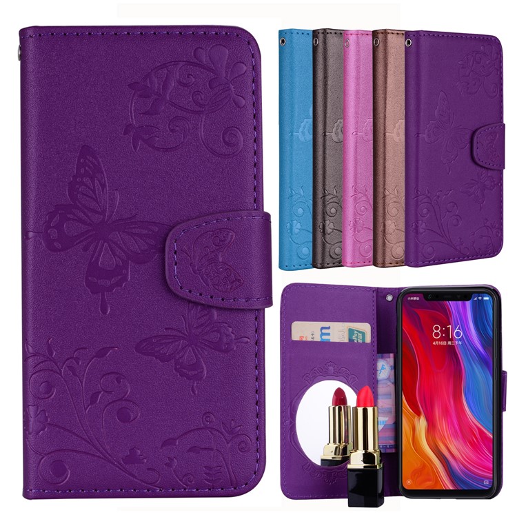 Imprinted Butterfly Flower Pattern Wallet Leather Stand Protection Mobile Cover with Mirror for Xiaomi Mi 8 (6.21-inch) - Purple-1
