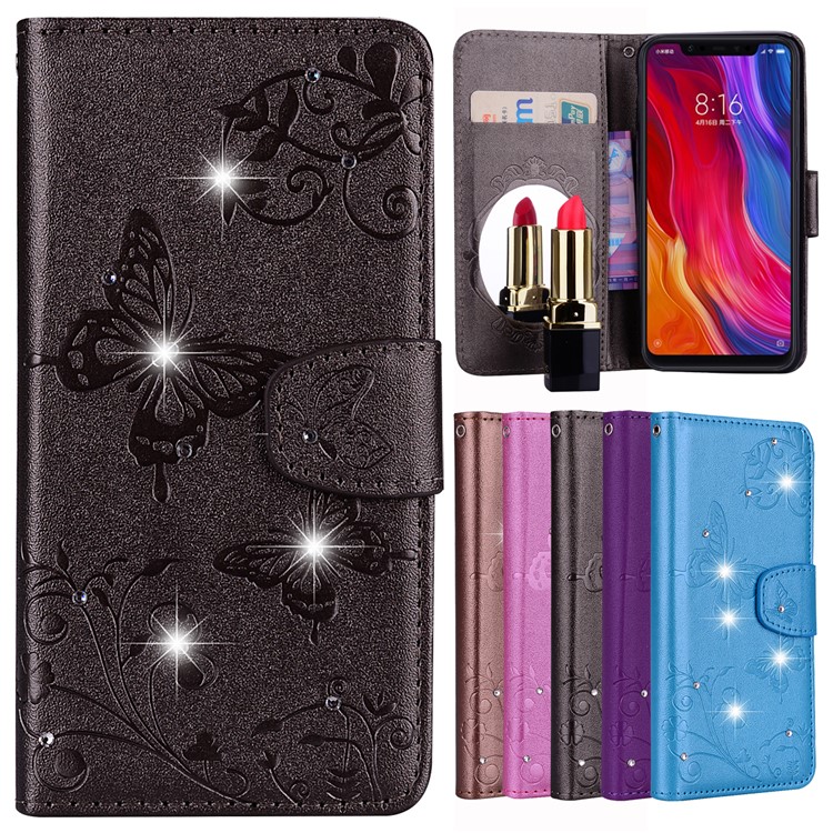Imprinted Butterfly Flower Pattern Rhinestone Leather Wallet Case for Xiaomi Mi 8 (6.21-inch) - Black-1