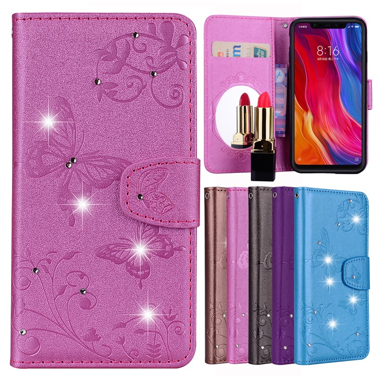 Imprinted Butterfly Flower Pattern Rhinestone Leather Wallet Cover for Xiaomi Mi 8 (6.21-inch) - Rose-1