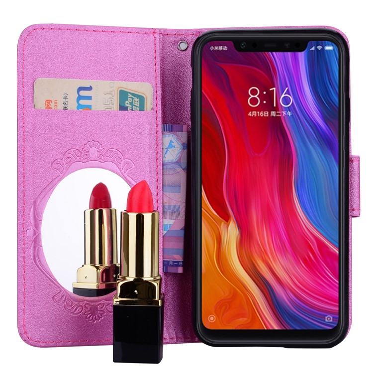 Imprinted Butterfly Flower Pattern Rhinestone Leather Wallet Cover for Xiaomi Mi 8 (6.21-inch) - Rose-7