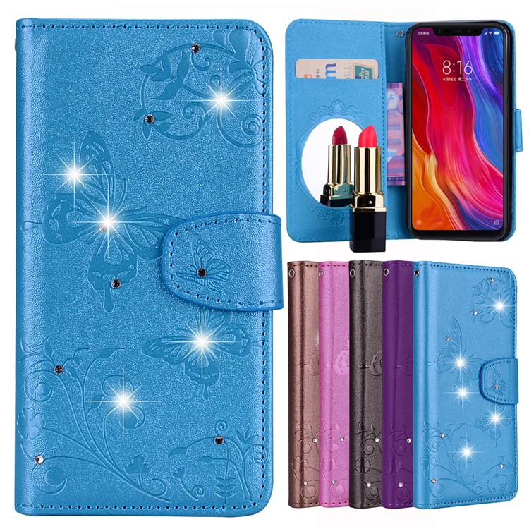 Imprinted Butterfly Flower Pattern Rhinestone Cell Phone Leather Wallet Case for Xiaomi Mi 8 (6.21-inch) - Blue-1