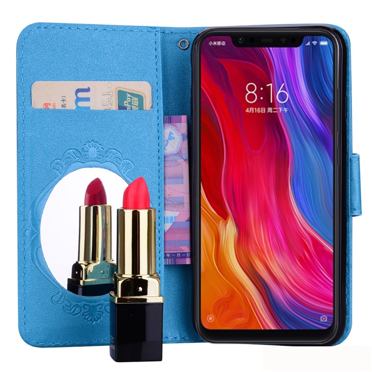 Imprinted Butterfly Flower Pattern Rhinestone Cell Phone Leather Wallet Case for Xiaomi Mi 8 (6.21-inch) - Blue-7