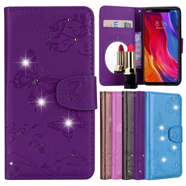 Imprinted Butterfly Flower Pattern Rhinestone Wallet Leather Stand Case for Xiaomi Mi 8 (6.21-inch) - Purple-1