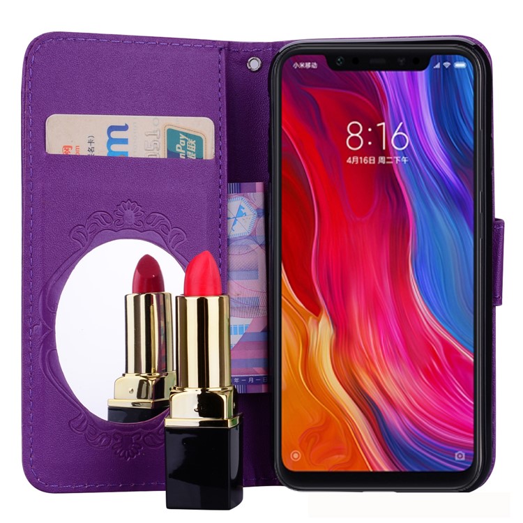 Imprinted Butterfly Flower Pattern Rhinestone Wallet Leather Stand Case for Xiaomi Mi 8 (6.21-inch) - Purple-7