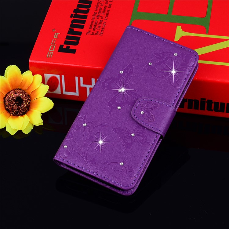 Imprinted Butterfly Flower Pattern Rhinestone Wallet Leather Stand Case for Xiaomi Mi 8 (6.21-inch) - Purple-8