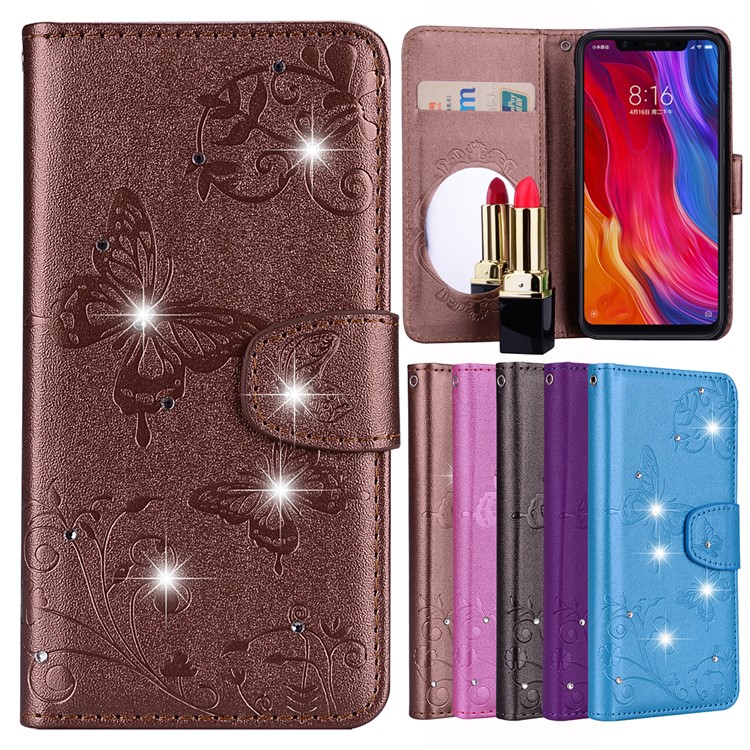 Imprinted Butterfly Flower Pattern Rhinestone Wallet Leather Stand Cover for Xiaomi Mi 8 (6.21-inch) - Brown-1
