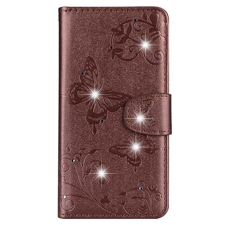 Imprinted Butterfly Flower Pattern Rhinestone Wallet Leather Stand Cover for Xiaomi Mi 8 (6.21-inch) - Brown-2
